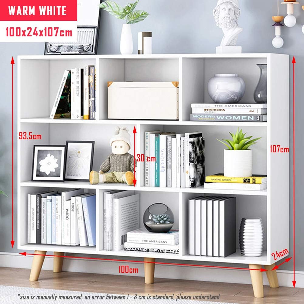 IOTXY Wooden Open Shelf Bookcase - 3-Tier Floor Standing Display Cabinet Rack with Legs, 8 Cubes Bookshelf, Warm White
