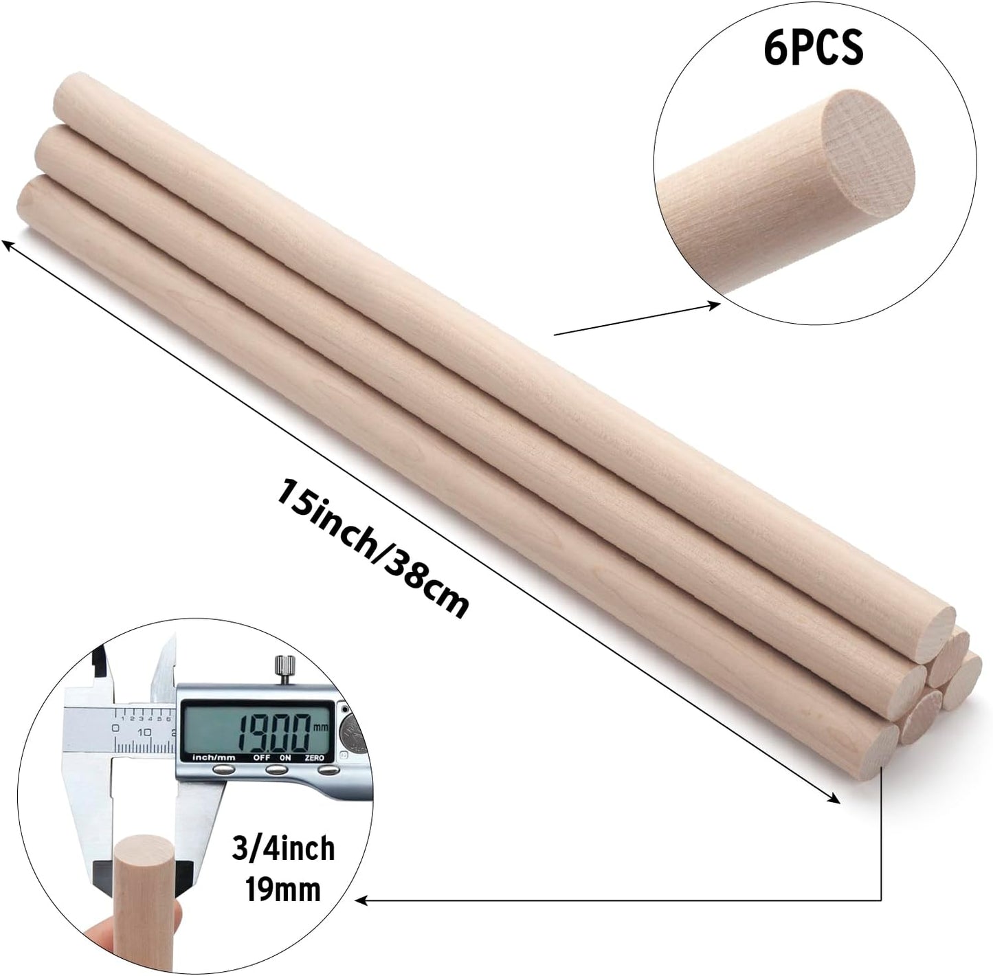 Wooden Dowel Rods Wood Dowels for Crafts, 6 PCS 3/4 x 15 Round Macrame Wooden Sticks for Crafting, Unfinished Hardwood Sticks for Arts and DIYers, Tiered Cake Support, Closets, Wedding Ribbon Wands