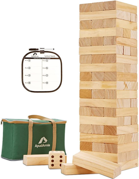 ApudArmis 60 PCS Tumble Tower, (Stack up to 5Ft) Pine Wooden Stacking Timber Game with 1 Dice Set - Classic Block Outdoor Game for Teens Adults Family