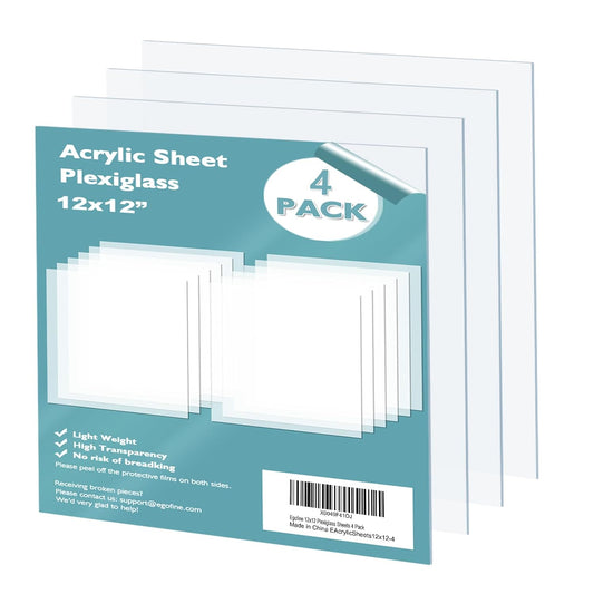 Egofine Plexiglass Sheets Acrylic Sheets 4 Pack of 12x12’’ 0.04 Thick Clear Plastic Cast Transparent Plexi Glass for Crafting Projects, Replacement Picture Frame Glass, DIY Display, Easy to Cut