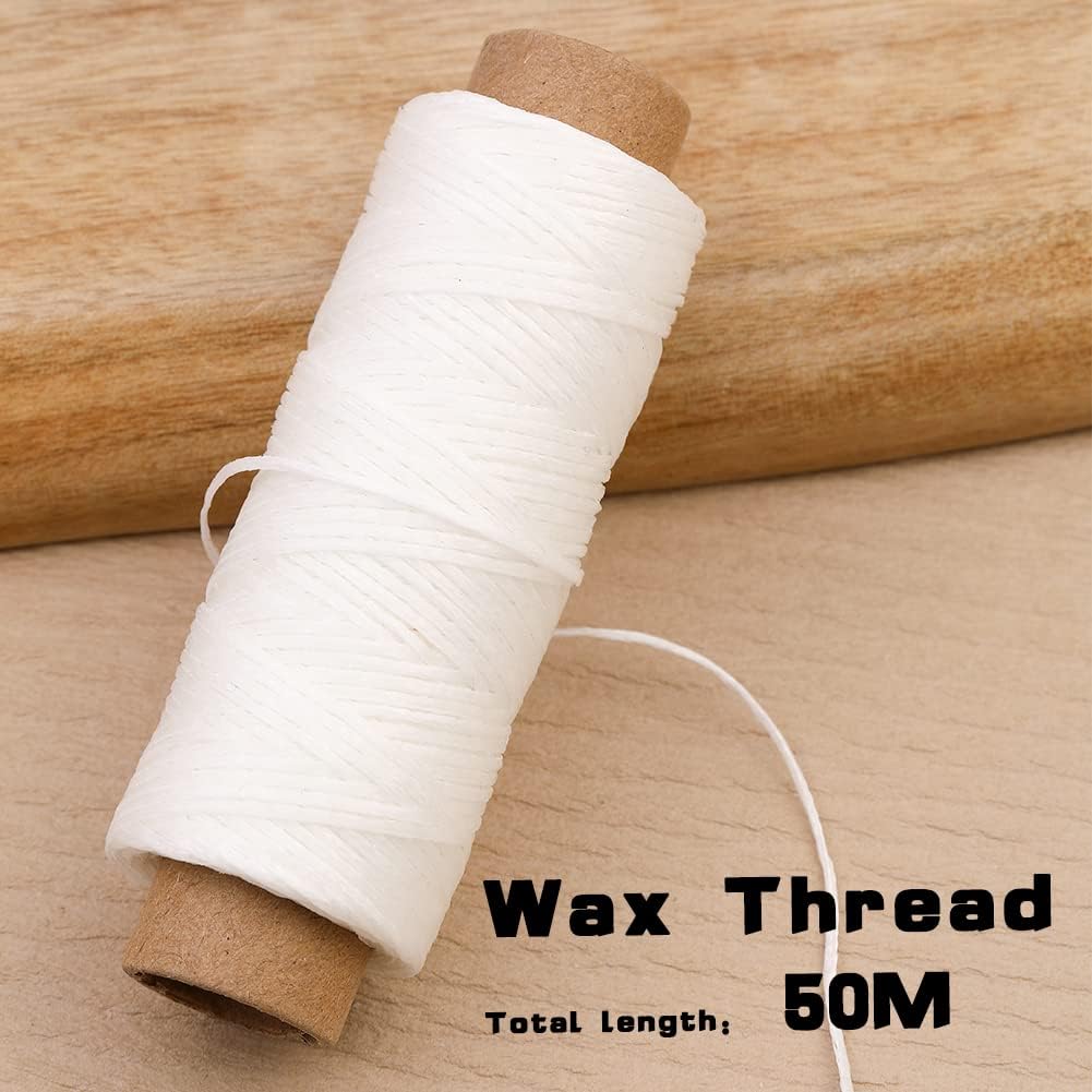 Ftyiwu Waxed Thread 55 Yards, Leather Sewing Waxed Thread with Hand Sewing Needles for Home Upholstery Carpet Leather Canvas Repair and Sewing (Original White)