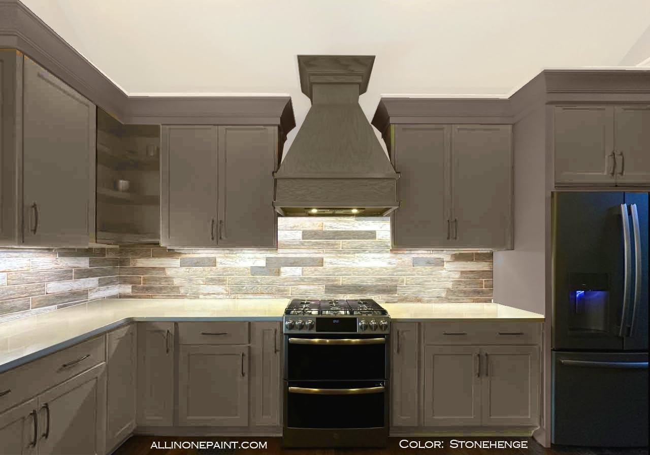 ALL-IN-ONE Paint, Durable cabinet and furniture paint. Built in primer and top coat, no sanding needed. Includes our 30 featured color card - Stonehenge (mid-tone greige), Gallon