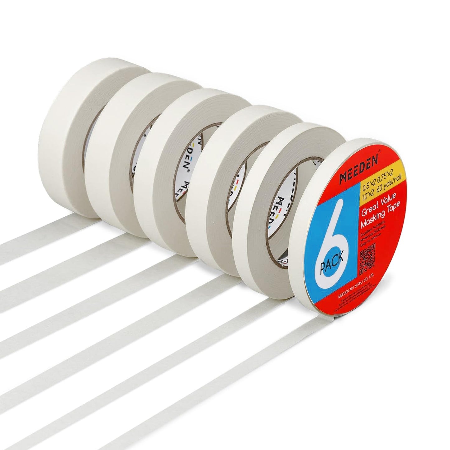 MEEDEN 6 Packs White Artist Tape, 0.5" 0.75" 1.0" x 60 Yard, Multi-Sized Masking Art Tape, Acid-Free Painters Tape for Painting Drafting Canvas Framing, General Purpose for Craft, Office, School