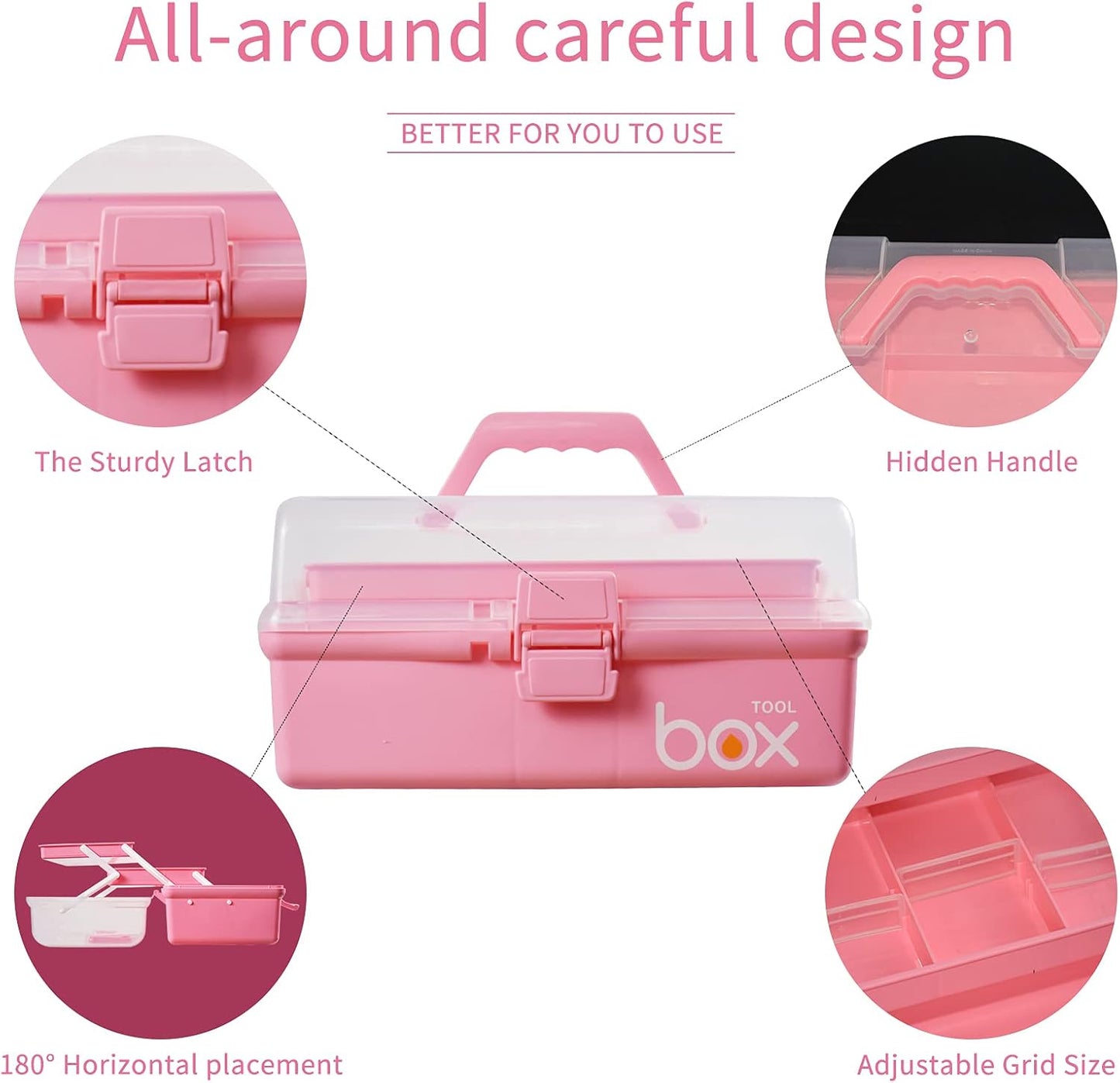 12in Three-Layer Multipurpose Storage Box Organizer Folding Tool Box/Art & Crafts Case/Sewing Supplies Organizer/Family First Aid organizer/Medicine Storage with 2 Trays (Pink)