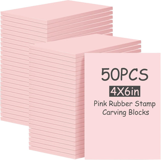 Frienda 50 Pack Rubber Carving Blocks 4 x 6 Inch, Rubber Stamp Carving Blocks for Printmaking, Printing, DIY Craft Project, Soft Block Stamp for Beginners and Professional(Pink)