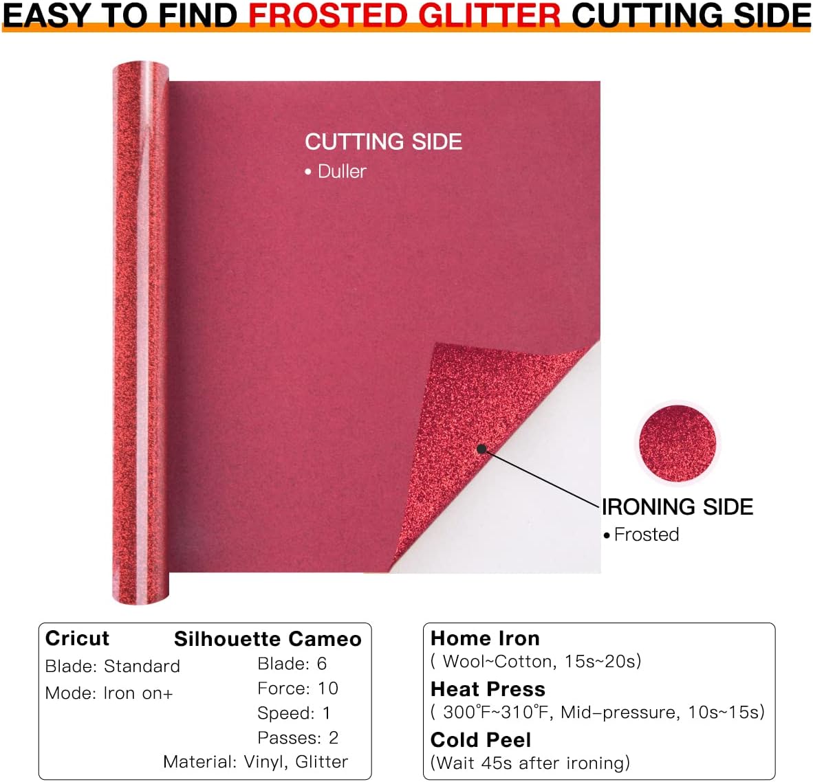 HTVRONT Red Glitter HTV Vinyl Roll - 10" x 8ft Red Glitter Iron on Vinyl for All Cutting Machine, Glitter Heat Transfer Vinyl for T Shirts - Easy to Cut & Weed & Transfer (Red Glitter)