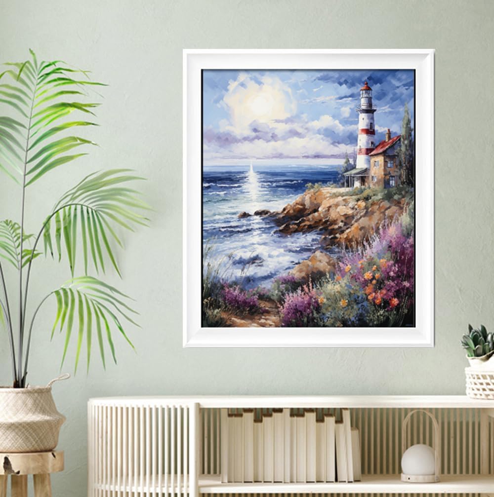 Leczany Cross Stitch Stamped Kit for Adults or Kids - Seaside Lighthouse | DIY Embroidery Starter Patterns Craft Kit Needlepoint for Beginner | 11CT, 3 Strands | 13.8x16.9 inches