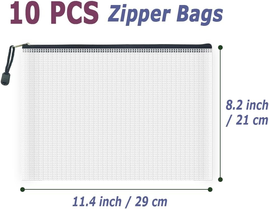 AUSTARK 10 Pcs Zipper File Bags, Waterproof Plastic Mesh Pouch for Office School, Board Game Storage Bags (B5 Size 11.4''x8.2'', White and Black)