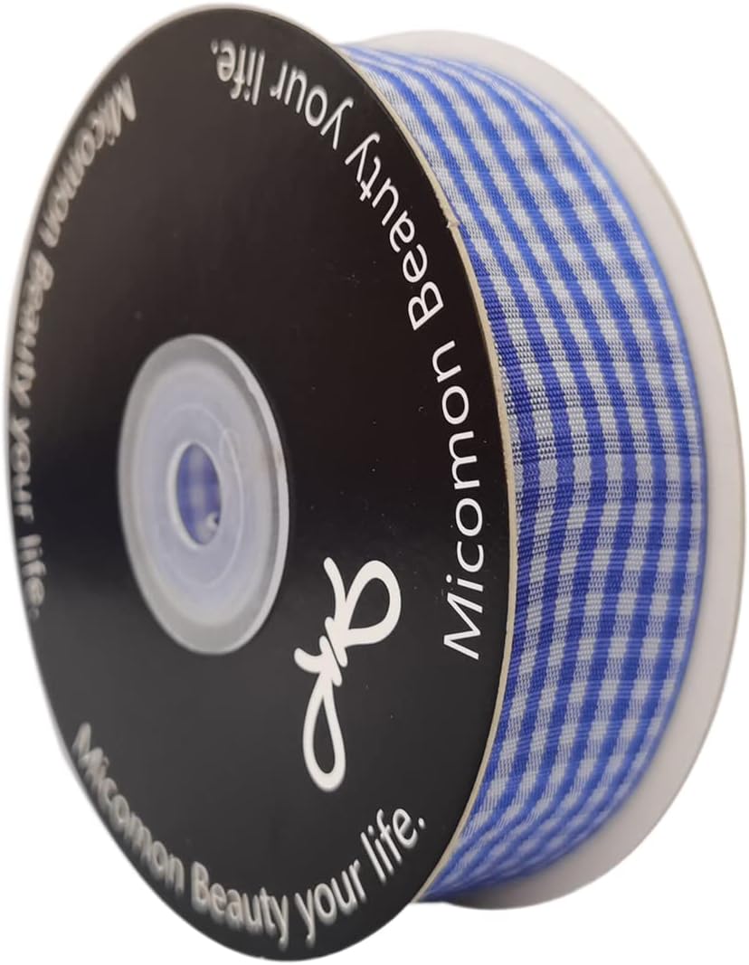 Blue and White Gingham Ribbon Plaid Ribbon 25 Yards Each Roll 100% Polyester (1", Blue)