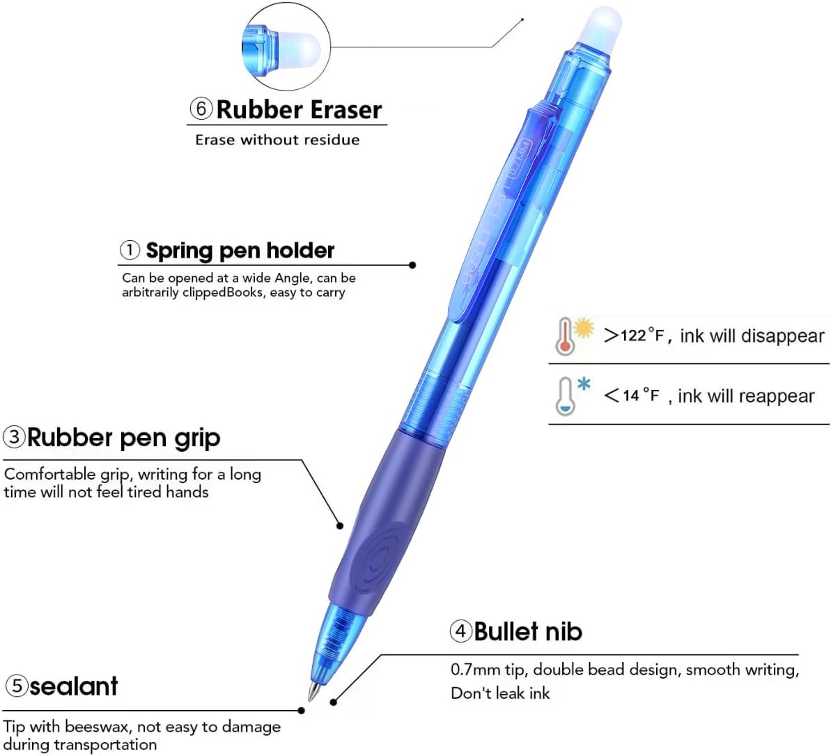 Aozora Erasable Pens Click Fine Point 0.7 mm Retractable Erasable Gel Pens for Completing Sudoku and Crossword Puzzles 12 Pack (Blue)