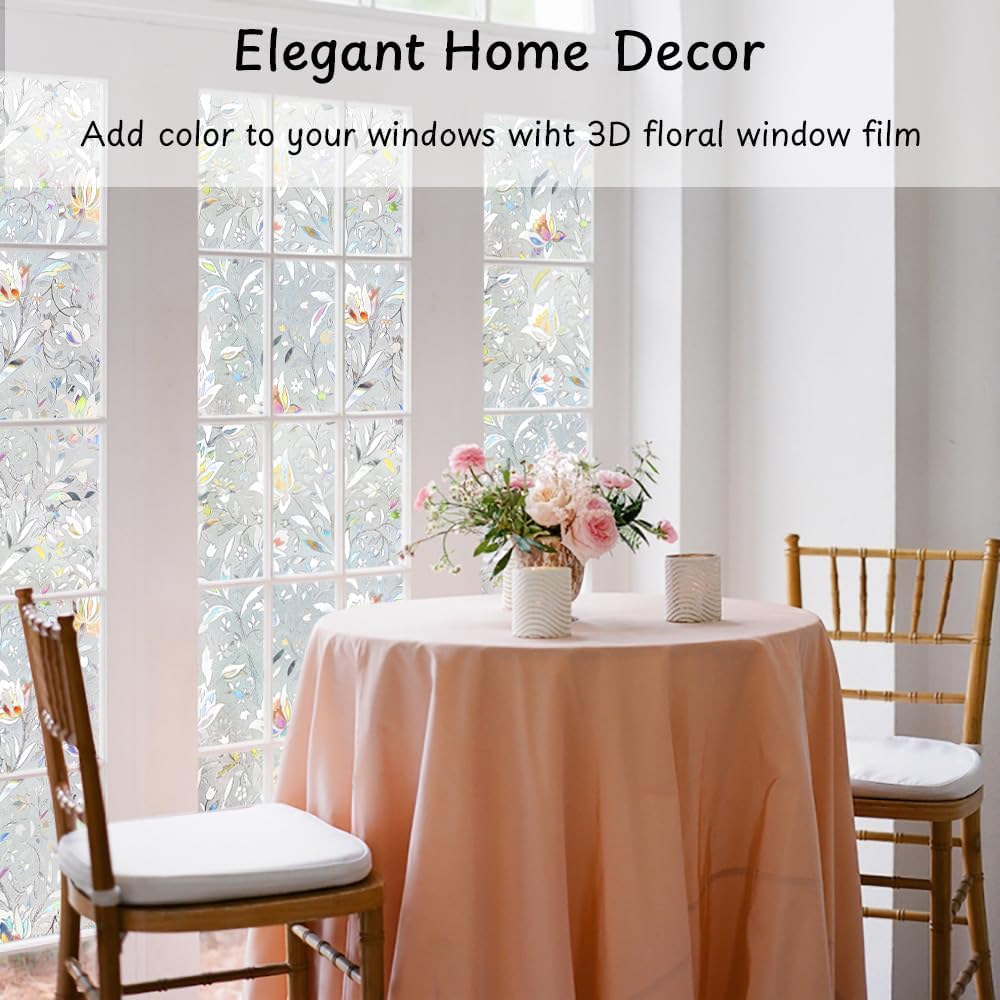 NINETREX Window Privacy Film,3D Stained Glass Window Film,Decorative Window Covering Sun Blocking Vinyl Static Cling Anti-UV Heat Control for Home Decor,Tulip 29.5 x 78.7inch