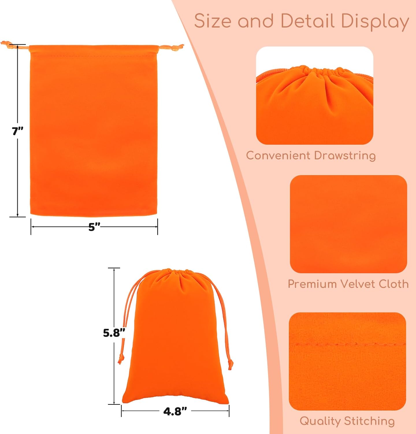 Velvet Drawstring Jewelry Bag, 50Pcs Orange Dice Bag, 5x7, Or Wrapping Halloween Party Favors, Toys, Small Bussiness, Craft Fair Vendor Supplies