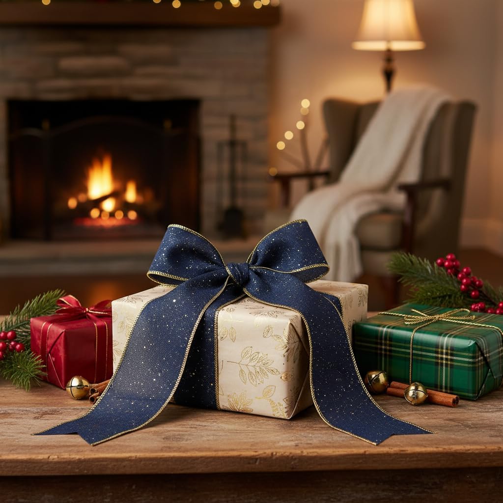 CT CRAFT LLC Blue Burlap Fabric Confetti Glitter Wired Ribbon 2.5" x 10 Yards Navy Color for Christmas Home Wedding Decor Gift Wrapping Tree Topper Bow Wreath Bouquet DIY Crafts