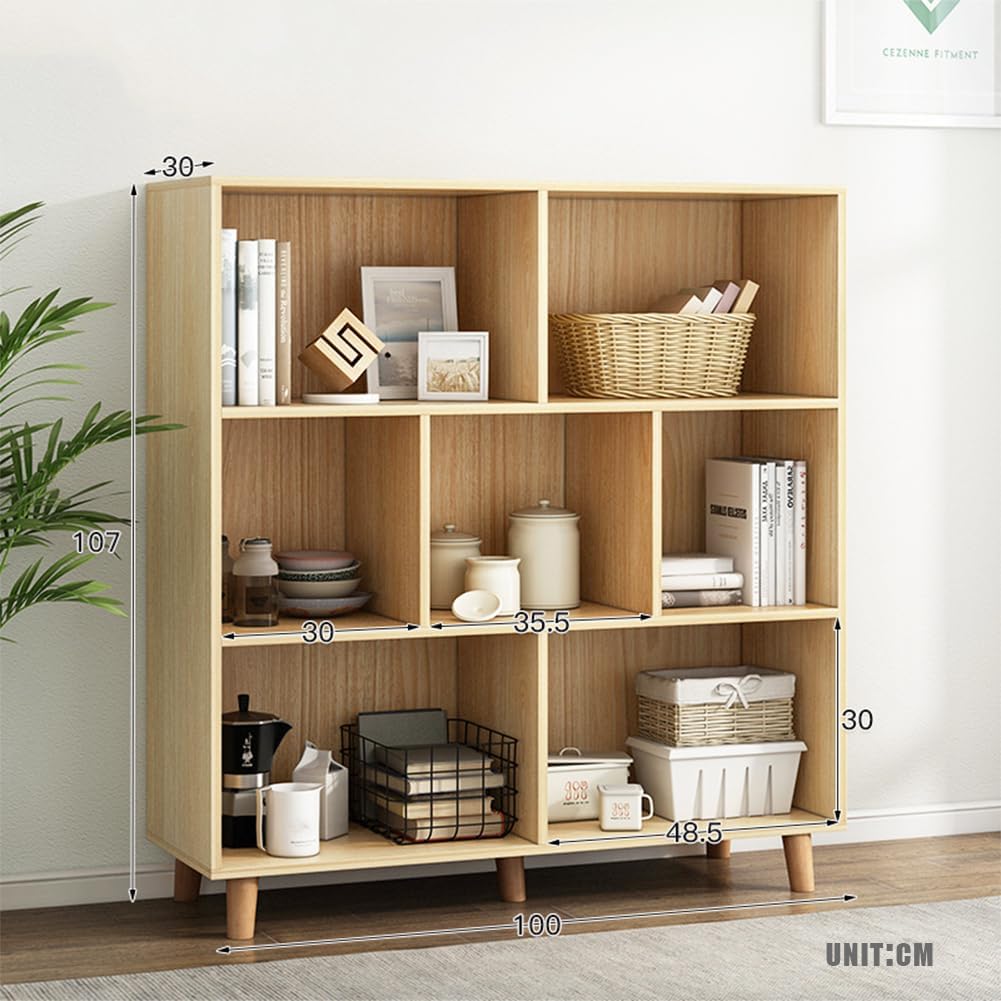 IOTXY Open Cube Low Bookcase - 3-Tier Freestanding Storage Display Cabinet Organizer with Legs for Home Office, 7-Cubes Open Shelf Short Bookshelf, Oak