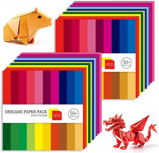 Origami Paper Kit 100 Sheets 70GSM 6 Inch Square Double Sided Color 50 Vivid Solid Colors for Hand Crafts Origami Paper Arts Creativity. Solid Color