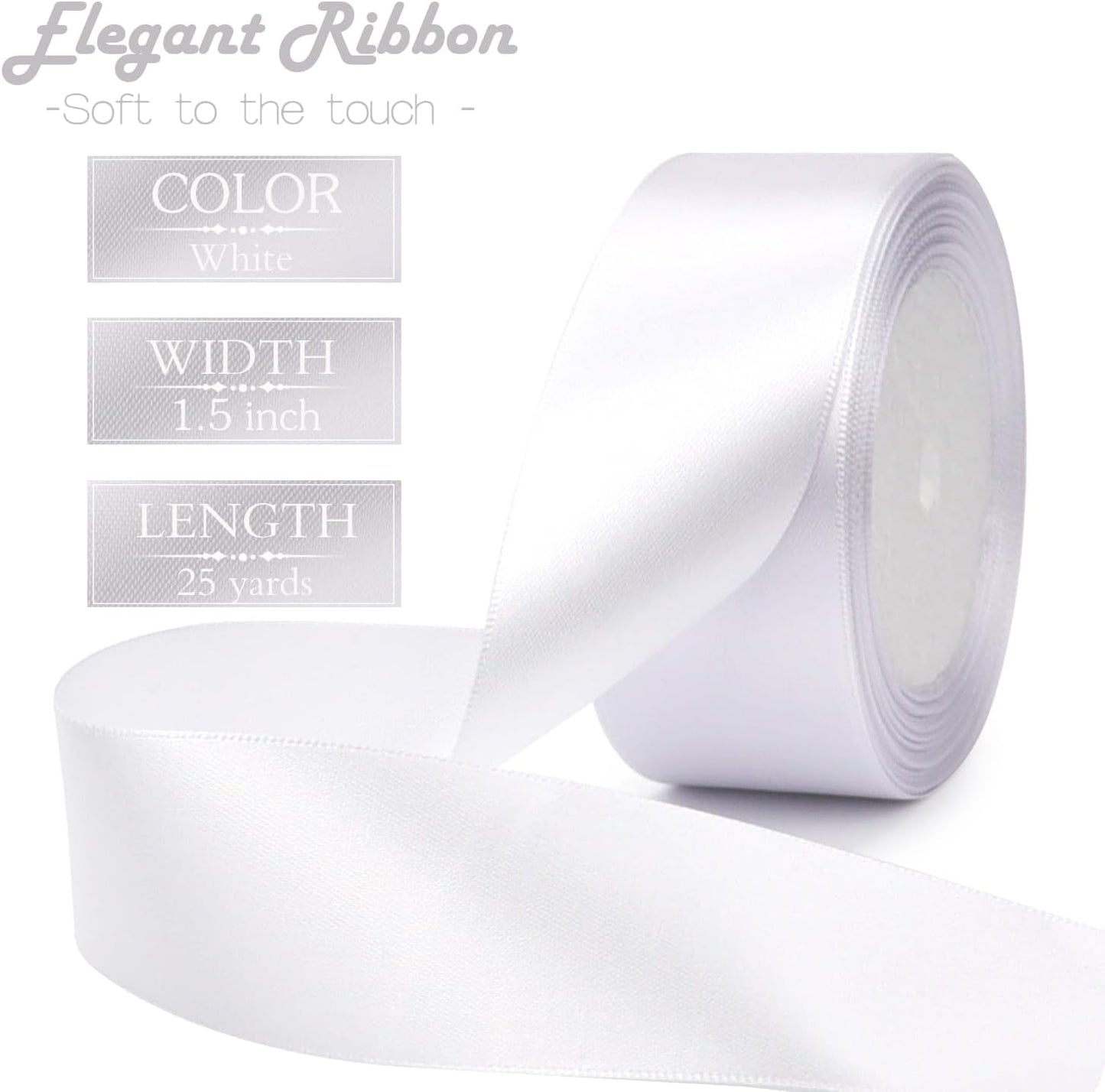 White Solid Satin Ribbon 1-1/2 Inch 25 Yards Solid Polyester Fabric Ribbon for Gift Wrapping Wedding Christmas Baby Shower Birthday Party Decoration Handmade Immortal Flower Craft