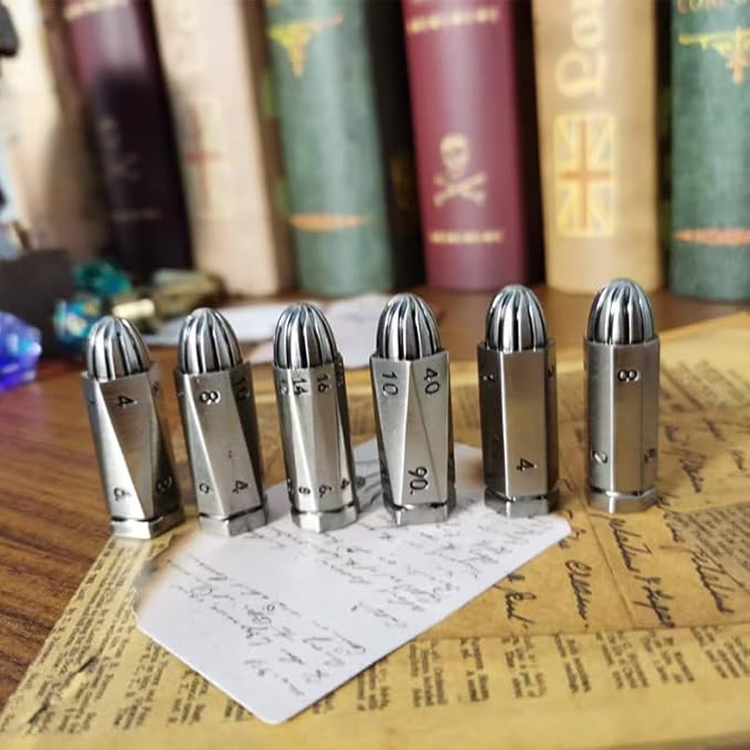 ASTRANOVA Metal Bullet Dice Set with Spinning Revolver Cylinder Holder for DND, Tabletop Games(Gunmetal Grey)