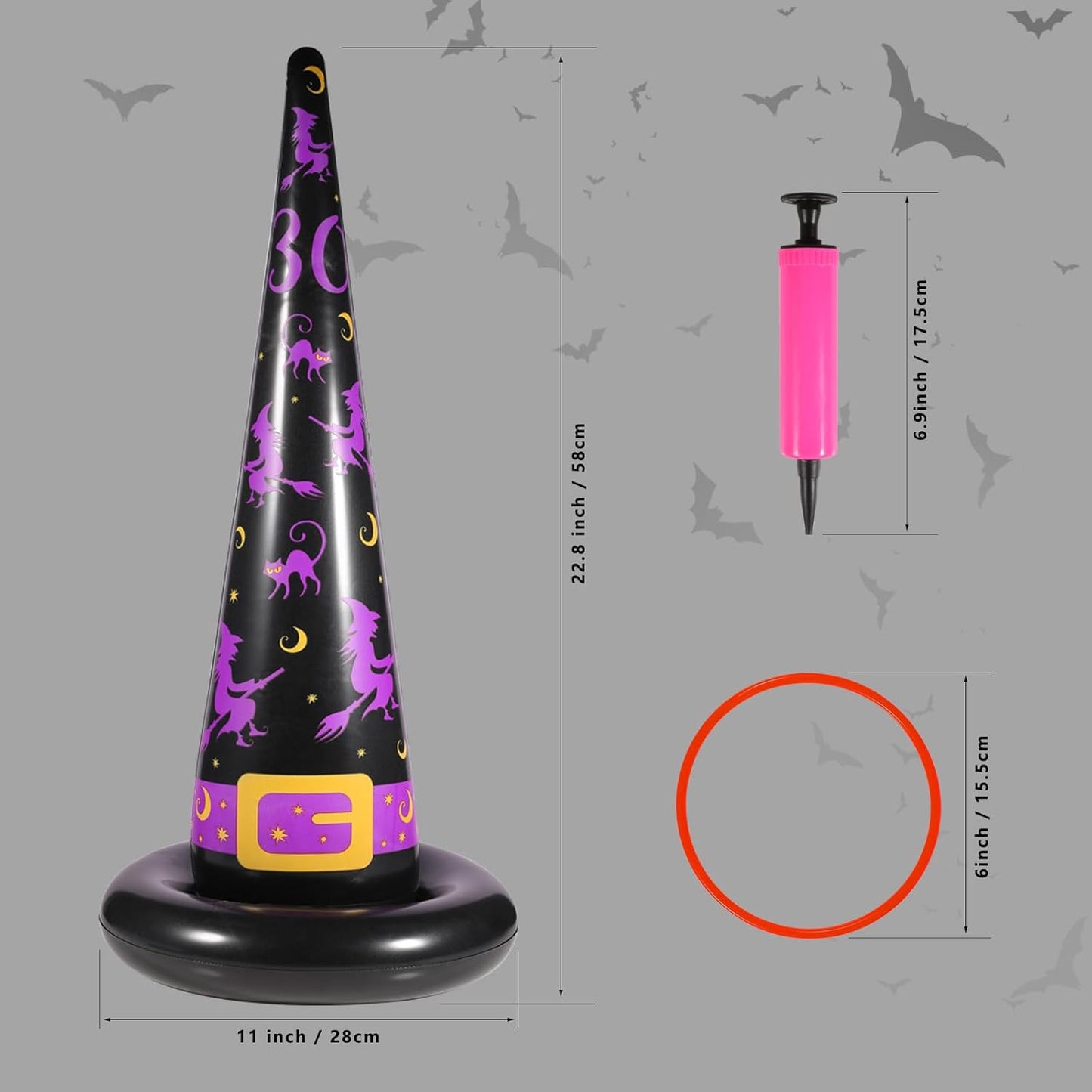 Halloween Ring Toss Game Set, 5Pcs Inflatable Witch Hats with 10Pcs Colorful Plastic Rings and Air Pump for Halloween Party Games Super Fun Indoor Outdoor Party Supplies