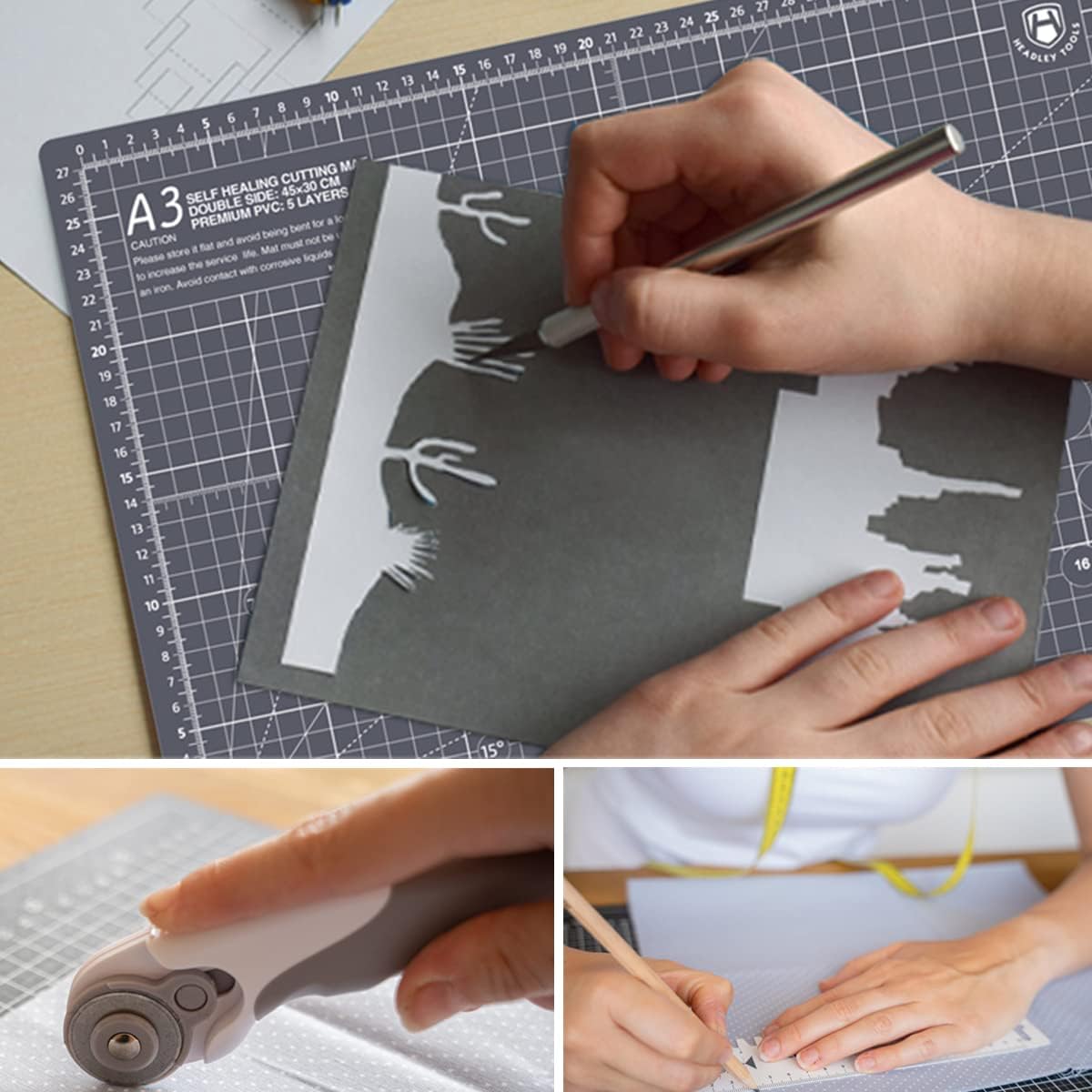 Headley Tools 18"x12" Thickened Self Healing Cutting Mat, A3 Rotary Cutting Sewing Mat for Crafts, Double Sided 5-Ply Table Cutting Board for Fabric Quilting Leather Arts Hobby Project, Grey