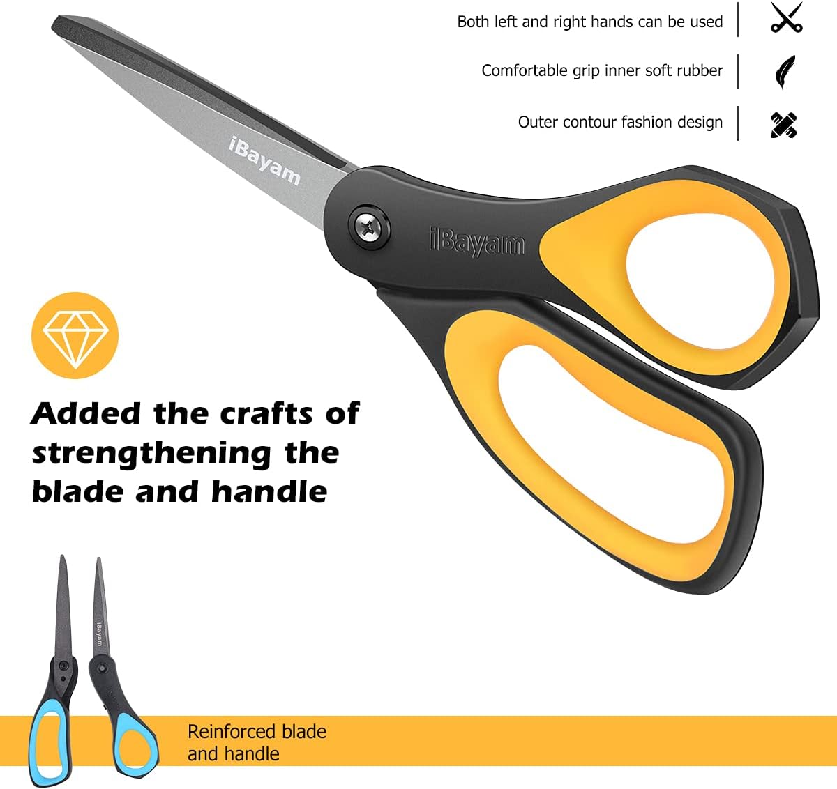 Scissors, iBayam 3 Pack 8" All Purpose Nonstick Scissors, 2.5MM Thickness Titanium Blades with Comfort Grip, Heavy Duty Shears for Office School Home Classroom General Use Art and Craft DIY Supplies