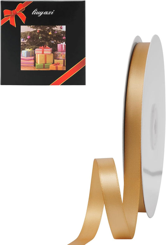 LIUYAXI Old Gold Double Faced Satin Ribbon, 3/8" X Continuous 25 Yards, Ribbons Perfect for Gift Wrapping Bows Bouquet Wedding Decor DIY Craft and More