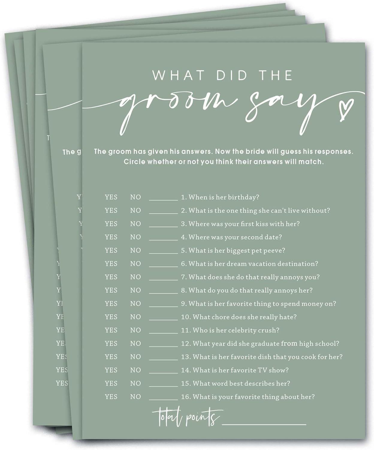 Bridal Shower Games Cards & What Did the Groom Say - 25 Guest Engagement Party Wedding Games - Minimalist Green Wedding Party Supplies - C12