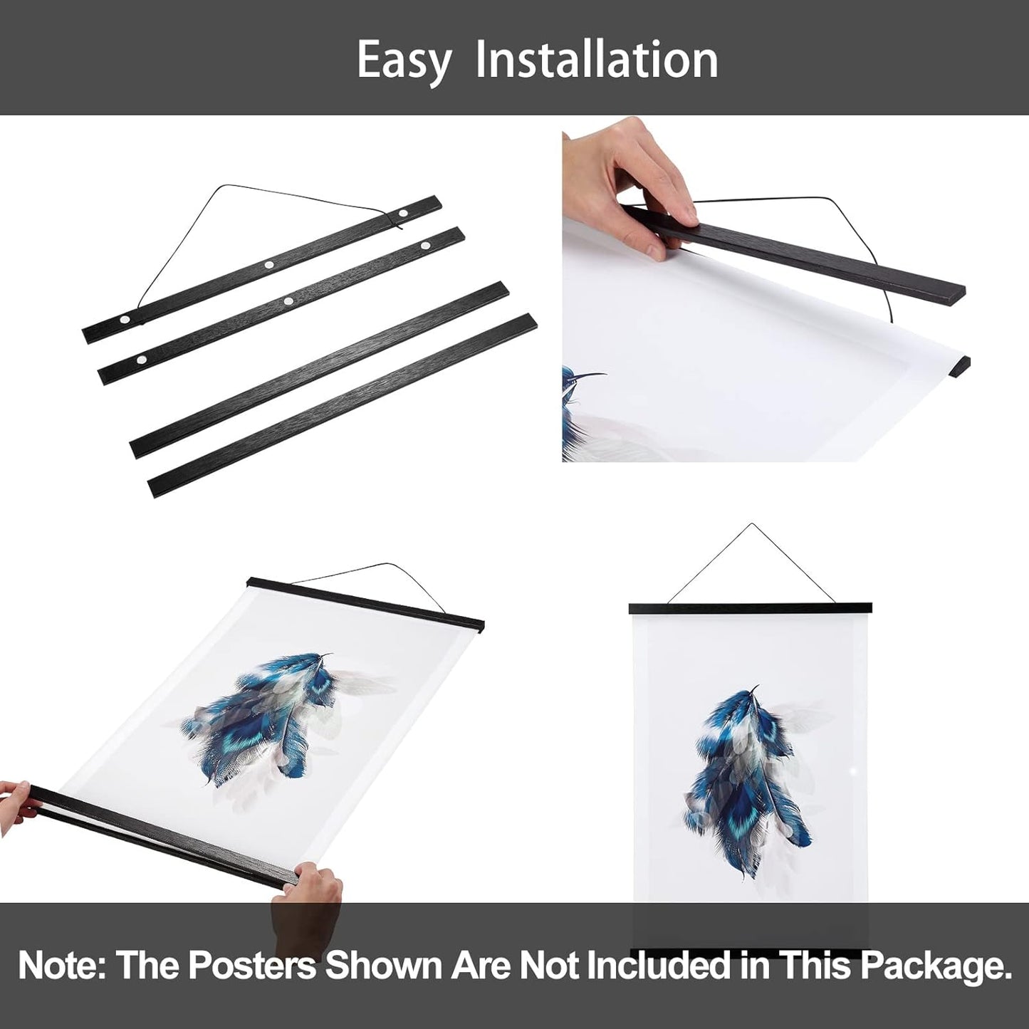 WITCOLOR Magnetic Poster Hanger Frame, 24x36 24x30 24x16 24x18 Black Wood Wooden Magnet Canvas Artwork Print Dowel Poster Hangers Frames Hanging Kit (Black, 24")