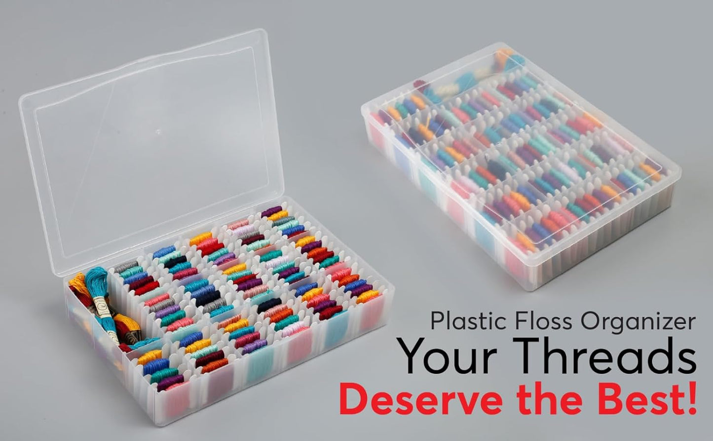 3PACK Embroidery Floss Organizer Box with 50 Cardboard Bobbins - 17 Compartments Clear embroidery thread and Beads organizer box, Snap-Tight Clear Sewing Organizer - Jewelry Bead Holder (Made in USA)