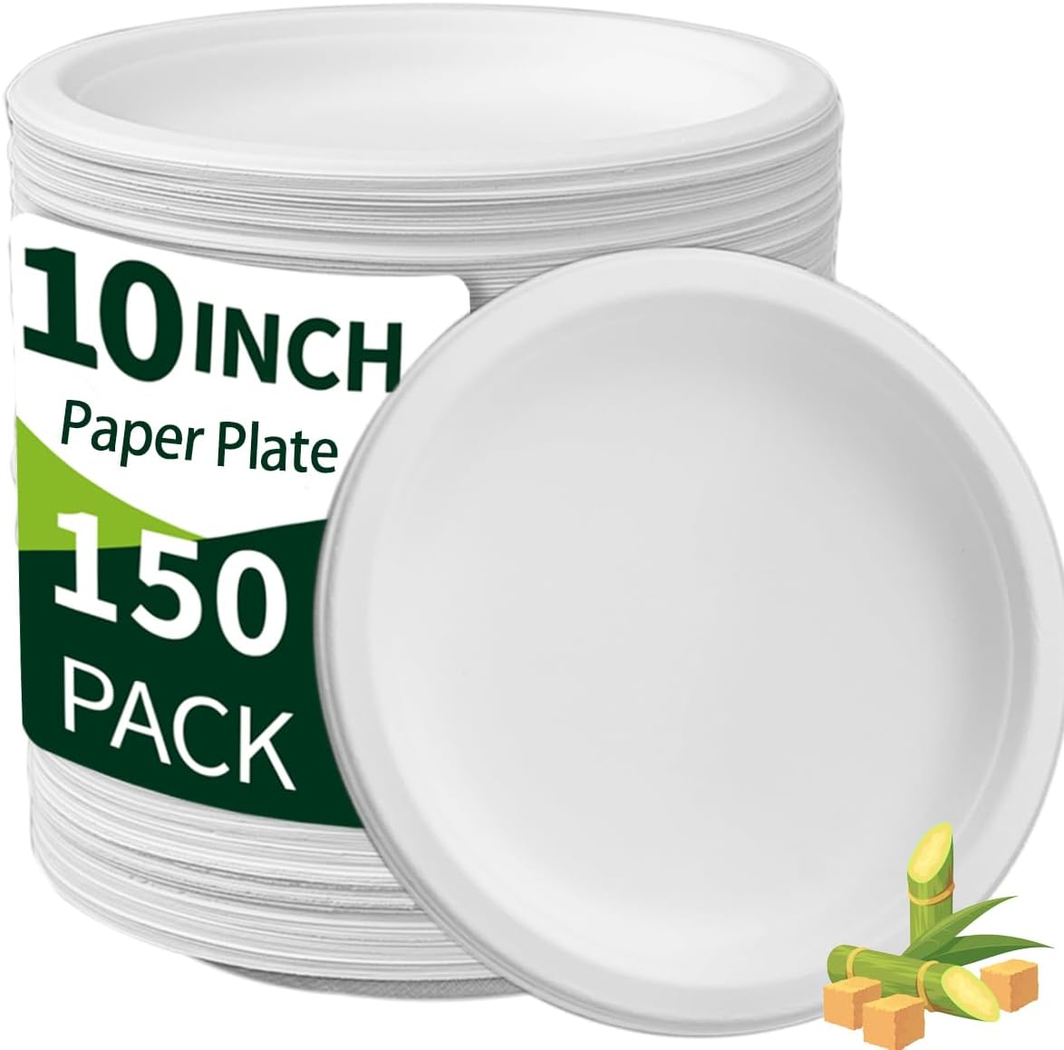 Heavy Duty Paper Plates 10 inch (Round-150 Count) Large White Disposable Dinner Plates Bulk for Everyday Meals, Picnic, BBQ and Gathering, Leak Proof/Microwave-Safe/Sturdy/Cut Resistant