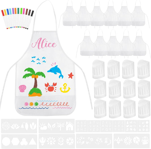 72PCS DIY Kids Chef Hat and Apron Set Kids Painting Aprons with Colored Pen and Crafts Template for Baking Painting Craft