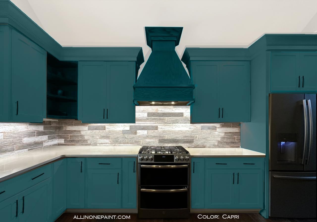 ALL-IN-ONE Paint, Durable cabinet and furniture paint. Built in primer and top coat, no sanding needed. Includes our 30 featured color card - Capri (green teal), Quart