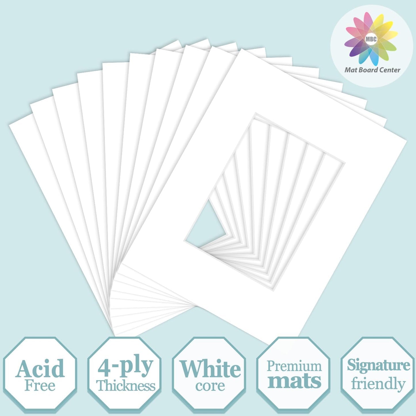 MBC Mat Board Center, 10 Pack 8.5X11 for 5X7 White Picture Mats Frame Mattes, Bevel Cut, Acid Free, 4-Ply Thickness