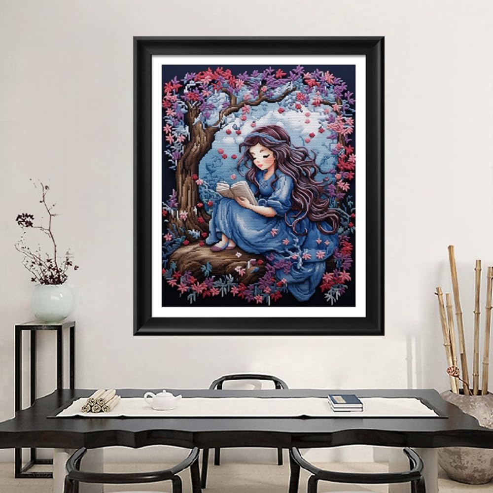 Leczany Cross Stitch Stamped Kit for Adults or Kids - A Little Girl Reading | DIY Embroidery Starter Patterns Craft Kit Needlepoint for Beginner | 11CT, 3 Strands | 13.4x16.5 inches