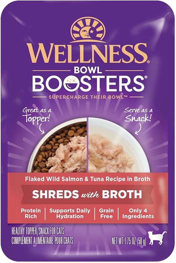 Wellness Bowl Boosters Wet Cat Food Topper, Grain Free, Natural, Flaked Salmon & Tuna Recipe in Broth, 1.75 Ounce Pouch (Pack of 12)