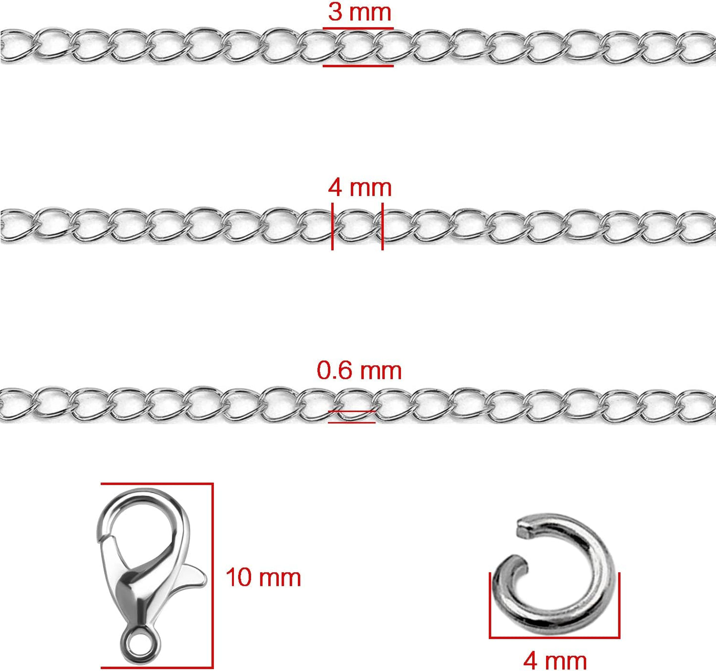 Jishi 33ft Necklace Extender Chain 3mm Silver Stainless Steel Curb Link Chain for Jewelry Making, Bracelet Necklace Extender DIY, Keychain Craft Supplies, Metal Chain Roll w/Lobster Clasps, Jump Rings
