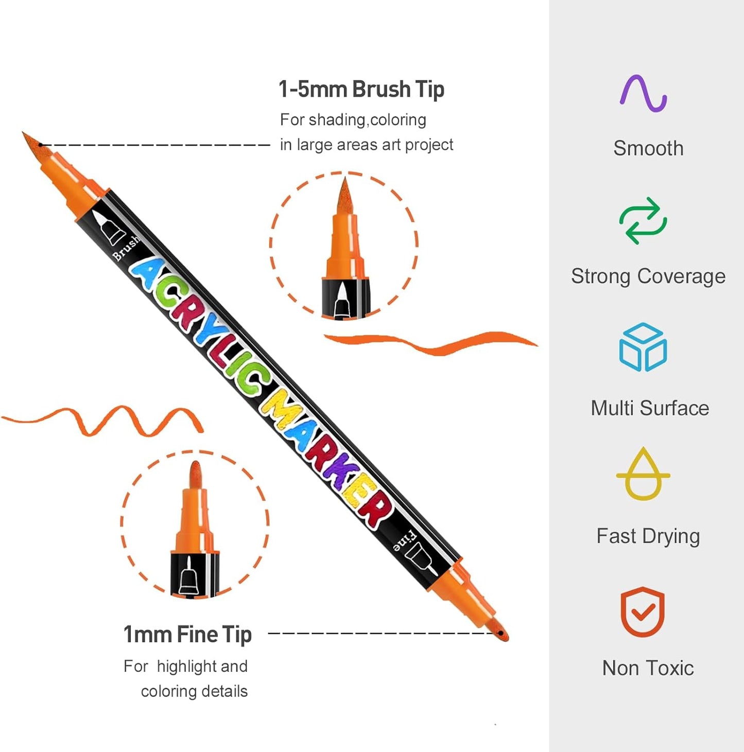 24 Colors Dual Tip Acrylic Paint Markers, Premium Acrylic Paint Pens for Halloween Decorations, Pumpkin Painting Kit, Rock Painting, Canvas, Stone, Wood, Glass, DIY Crafts & Art Supplies