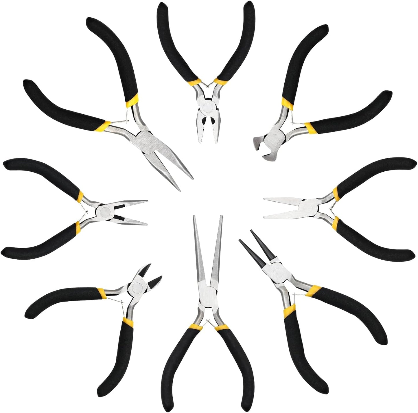 8pc 4.5" Mini Pliers Set - Long, Diagonal, End Cutting, Bent, Combination, Flat, Needle, Round Nose Pliers for Jewelry Making