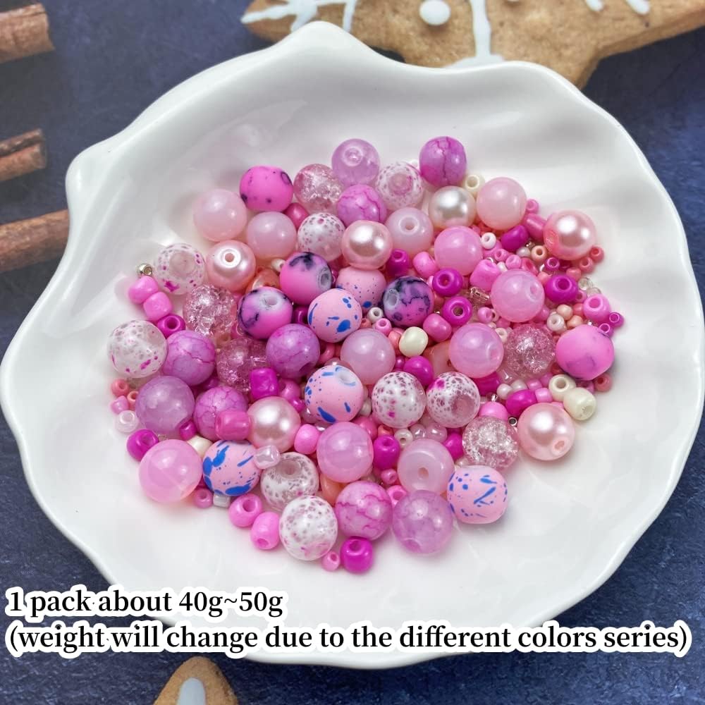Assorted Glass Resin Beads Multi Size Colors Smooth Cracked Gravel Millet Spacer Beads for Bracelets Necklace Earring DIY Jewelry Making Craft(Pink Series)