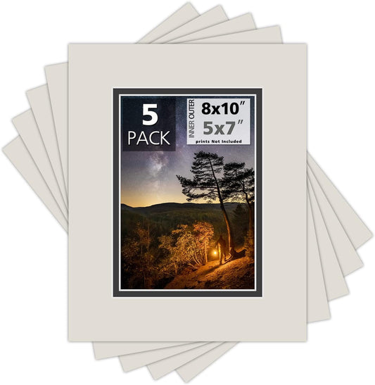 Mat Board Center, Double Mat - Acid Free, 8-ply Thickness, White Core - for Pictures, Photos, Framing (Gray Over Black, 8x10 for 5x7, Pack of 5)