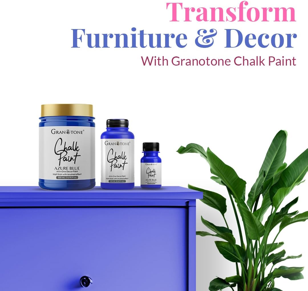 GRANOTONE Chalk Paint for Furniture, Matt-Finish Water-Based Acrylic Paint for Wood, Walls, Metal, Glass, Paper, Fabric Canvas, Maximum Coverage Chalk Paint for Kids & Adults, 500 Ml (AZURE BLUE)