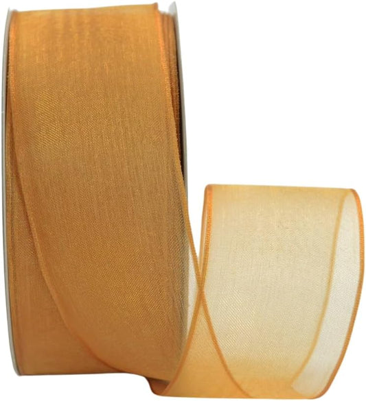 Ribbon Bazaar Sheer Organza Wired Ribbon - 100% Polyester Wire Edged Ribbon for Floral Decor, Table Arrangements, Apparel Embellishment & More - 1-1/2" Old Gold 25yd