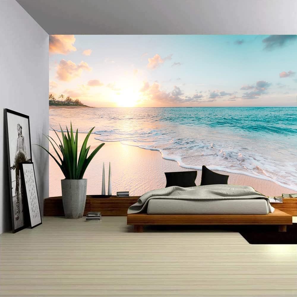Sunset Wall Murals Romantic Beach Photo Mural Wallpaper Wall Decor Print for Living Room Bedroom Dining Room（Not Peel and Stick）