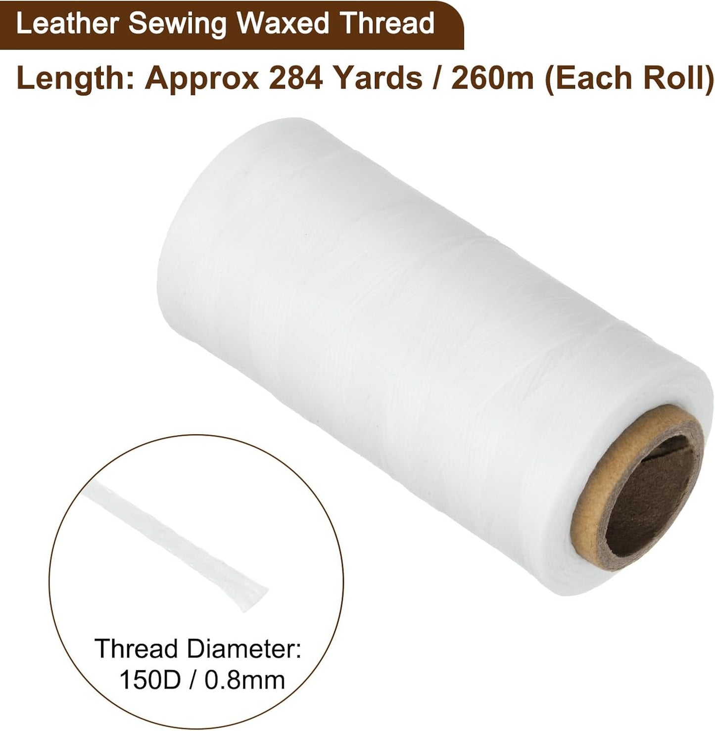 Uxcell 150D 0.8mm Flat Waxed Polyester Leather Sewing Thread, White, 284 Yards (260m), 1 Roll