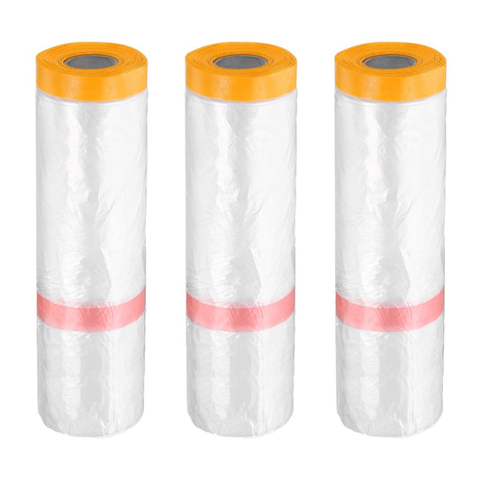 HARFINGTON 3 Rolls Pre-Taped Masking Film 78.7" x65.6ft Double Adhesive Tape and Drape Painters Plastic Drop Cloth Film with Tape Plastic Sheeting for Automotive Painting Covering