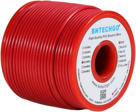 BNTECHGO 22 Gauge PVC 1007 Solid Electric Wire Red 100 ft 22 AWG 1007 Hook Up Tinned Copper Wire