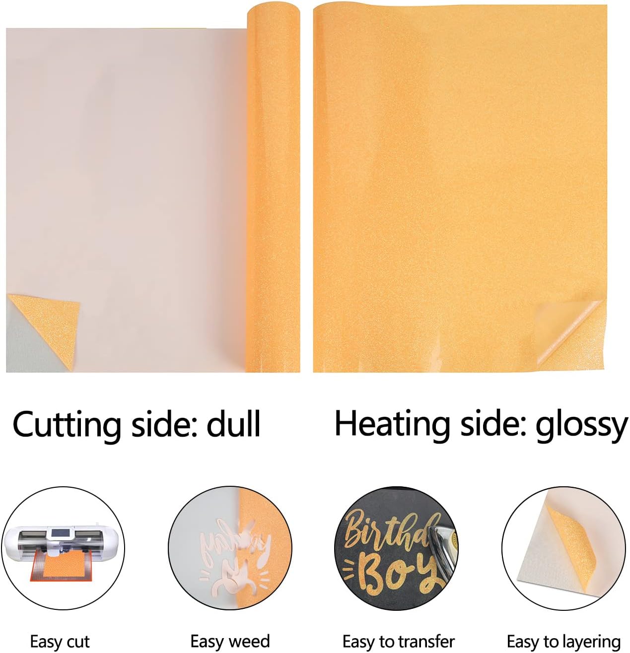 guangyintong Glow Glitter Orange Yellow Heat Transfer Vinyl HTV Rolls, 12" x 8ft Iron on Vinyl for T-Shirts, Glitter HTV Vinyl for All Cutter Machines Easy to Cut & Weed for DIY Design