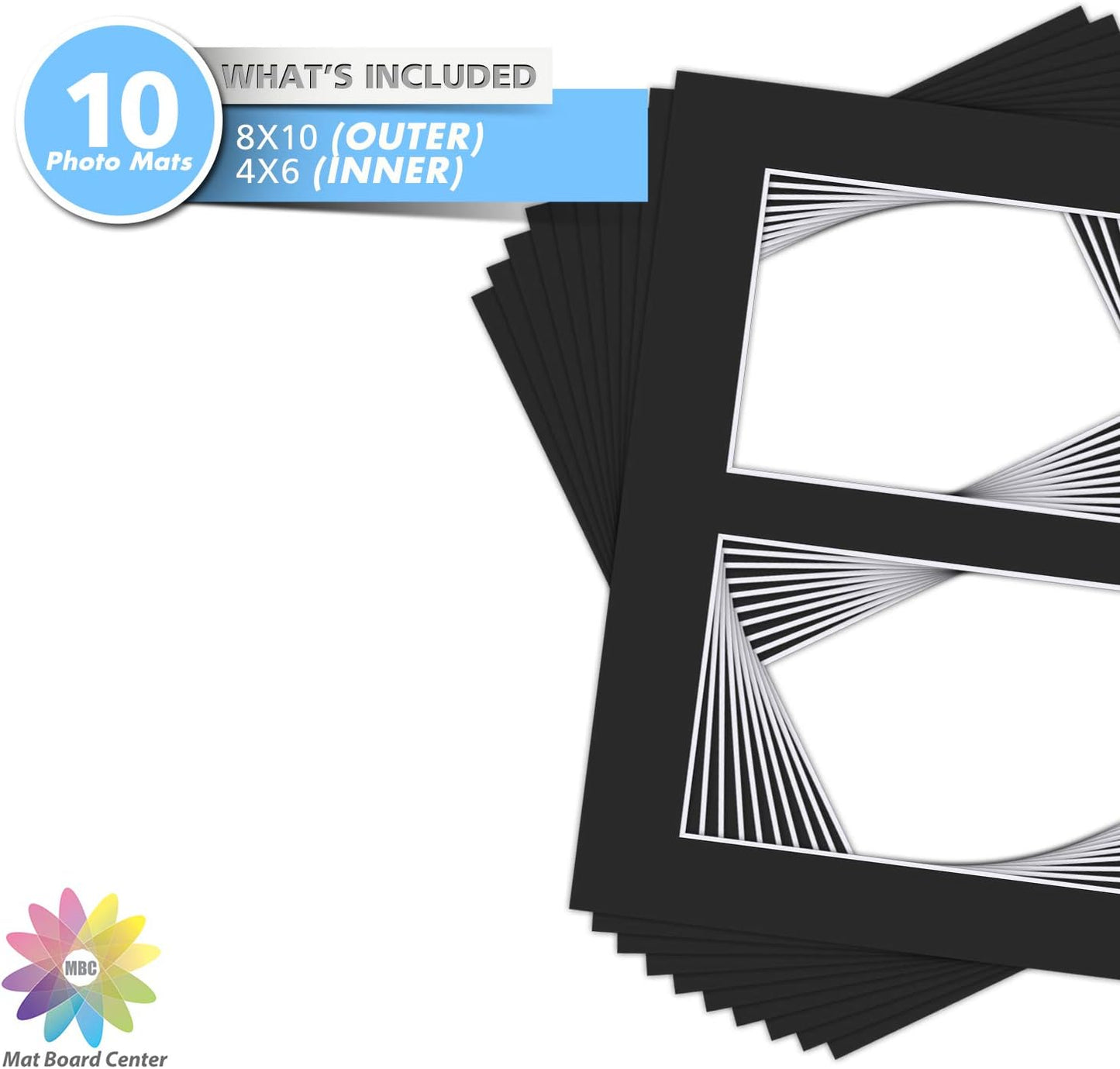 Mat Board Center, Pack of 10, Photo Picture Mats - Acid Free, 4-ply Thickness, White Core - for Pictures, Photos, Framing (8x10 for 2-4x6 Black)