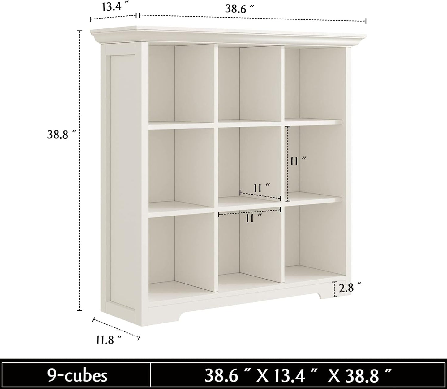 Wooden Cube Shelf Bookcase - Modern 3 Tiers Floorstanding Open Bookshelf with Base for Home and Office, 9 Cubes Storage Cabinet, Warm White