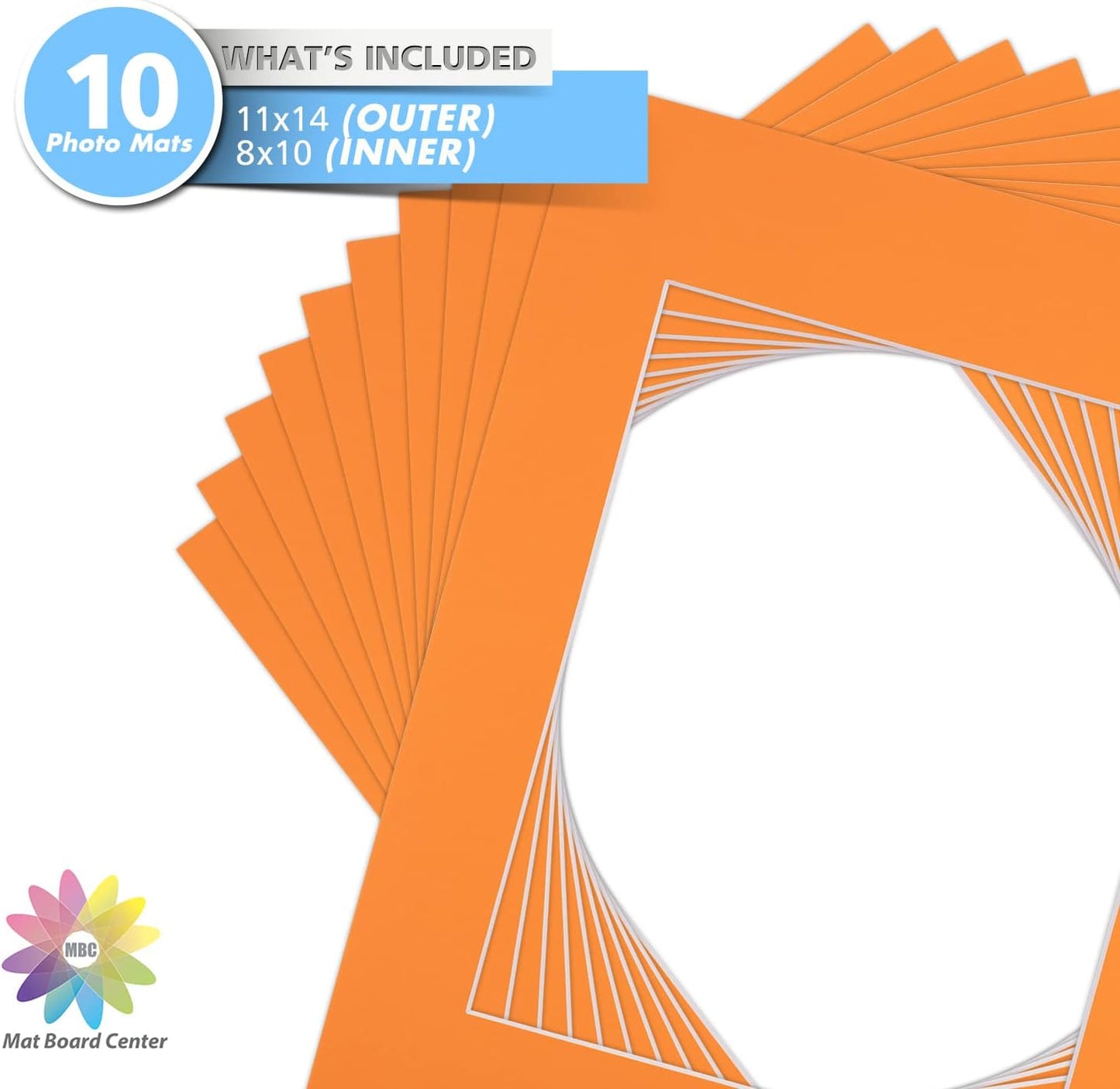 Mat Board Center, Pack of 10, 11x14 for 8x10 Orange Color Mats - Bevel Cut, Acid Free, 4-ply Thickness, White Core - for Pictures, Photos, Framing