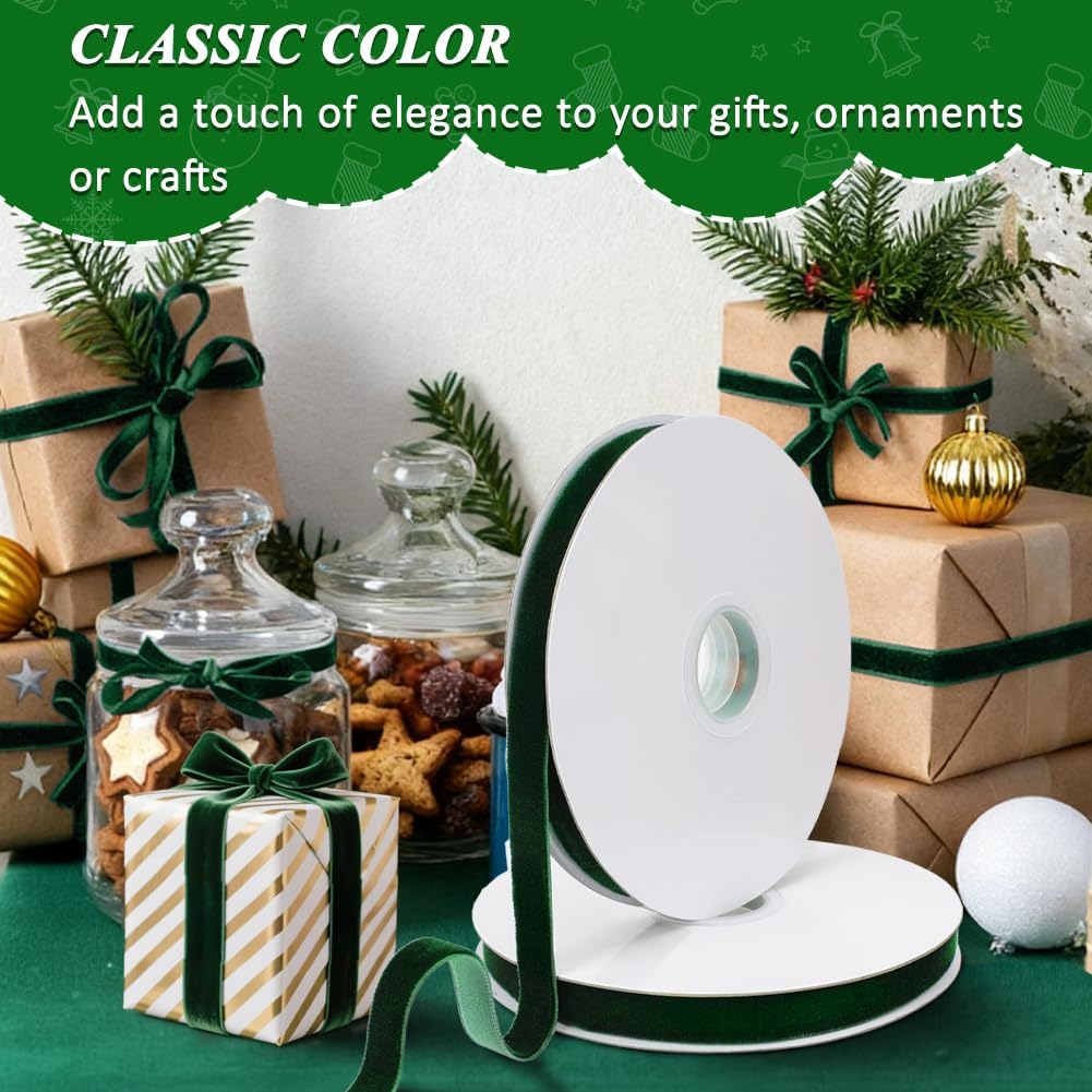 Dark Green Velvet Ribbon, 0.39 Inch x 20 Yards Single Faced Green Ribbon for Gift Wrapping, Bow Making, Christmas Tree Decorations, Wreath Making and DIY Crafts (10 Yards Each Roll)